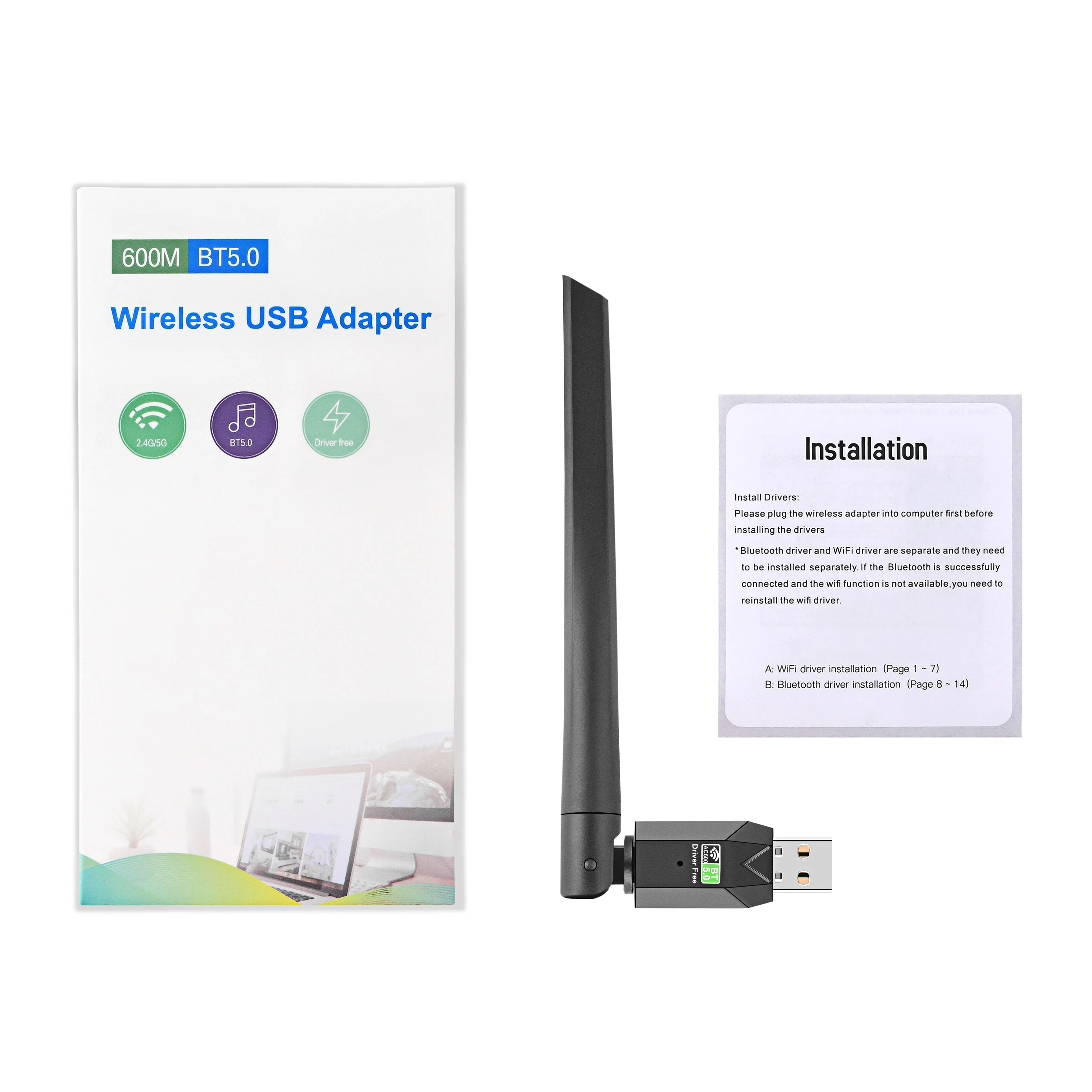 OPTFOCUS-adaptador Wifi 2 en 1 Para PC, Dongle USB con Bluetooth 600, 5,0 mbps, BT, wifi5, 2,4G, 5G, 5dbi, Usb, inalámbrico, Para PC