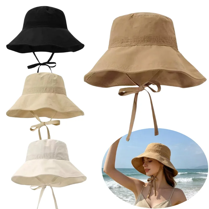 UV Protection Wide Brim Bucket Hat With Tie Strap Summer Outdoor Adjustable Foldable Beach Sun Hat Breathable Fisherman Hat
