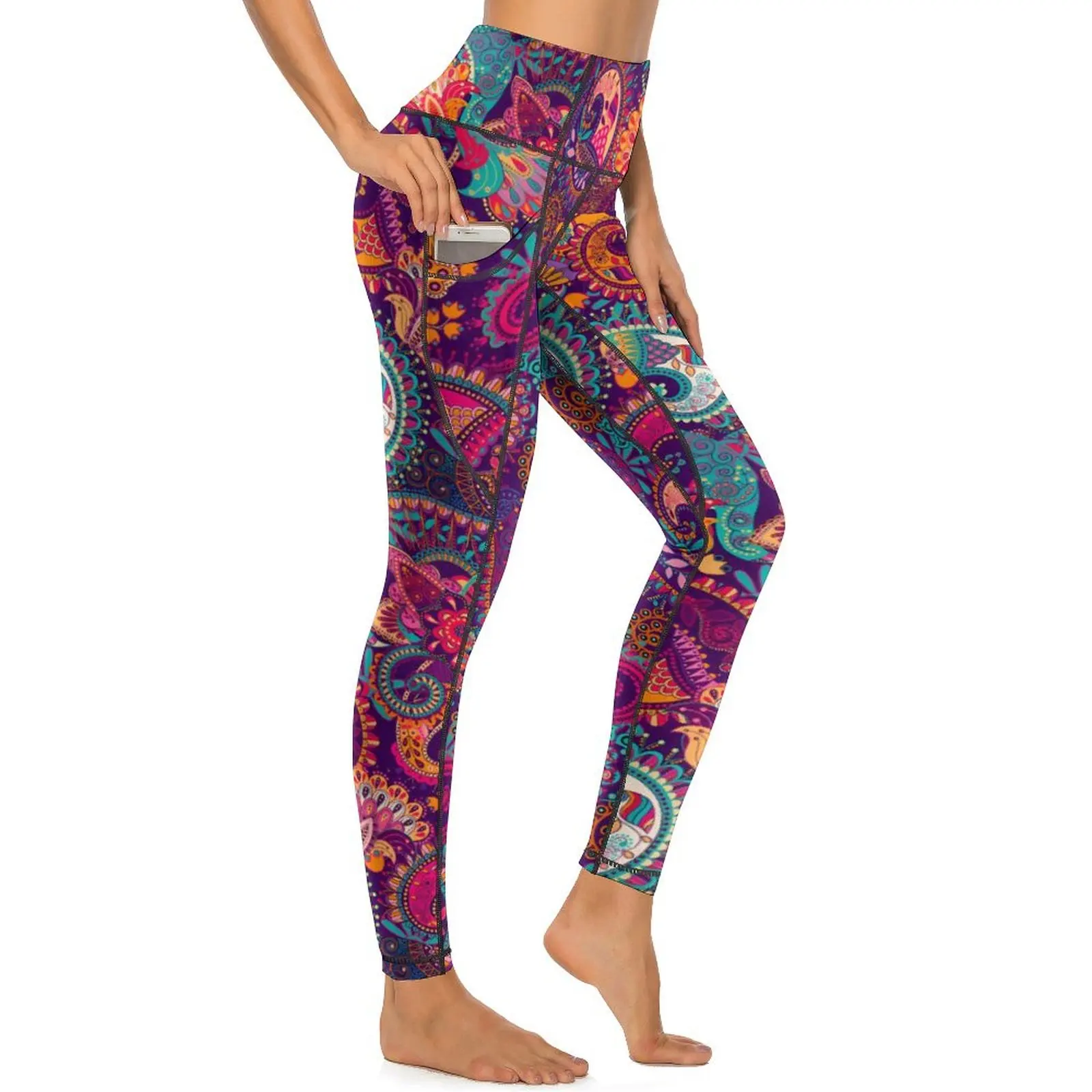 Purple Orange Paisley Yoga Pants Sexy Colorful Floral Leggings High Waist Fitness Leggins Female Elegant Stretchy Sports Tights