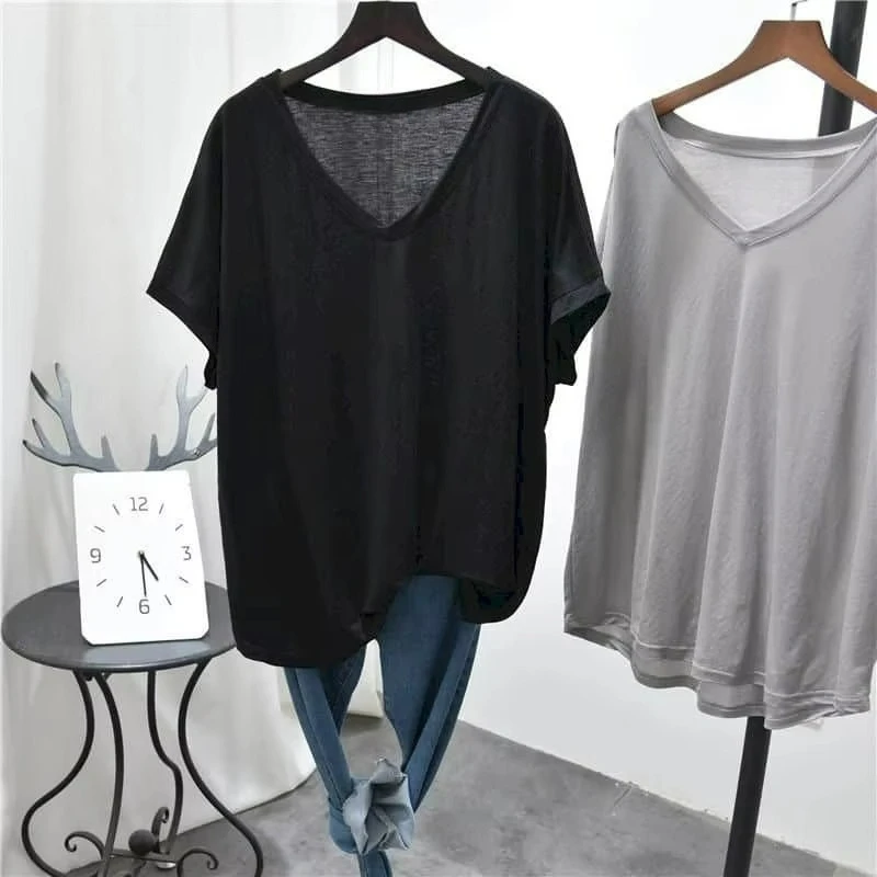 Ice Silk T-shirts for Women Gothic V-neck Sunscreen Tops Oversized Casual Loose Korean Style Smock Short Sleeve Summer Clothes
