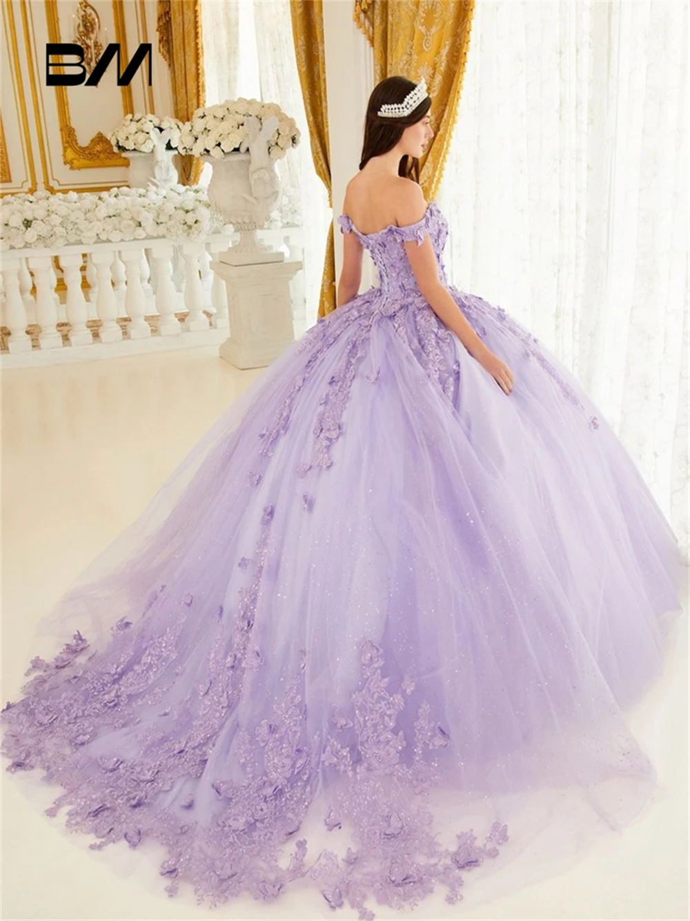 Beaded Lilac Sweet 15 16 Dress, Off Shoulder, Ball Gown, Sweep Train, Customizable Quinceanera Dresses 2024