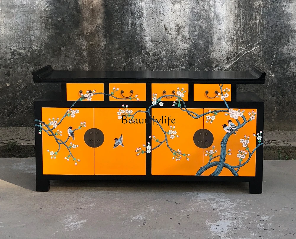 New Chinese-style solid wood warped head porch cabinet partition storage decorative painted antique furniture