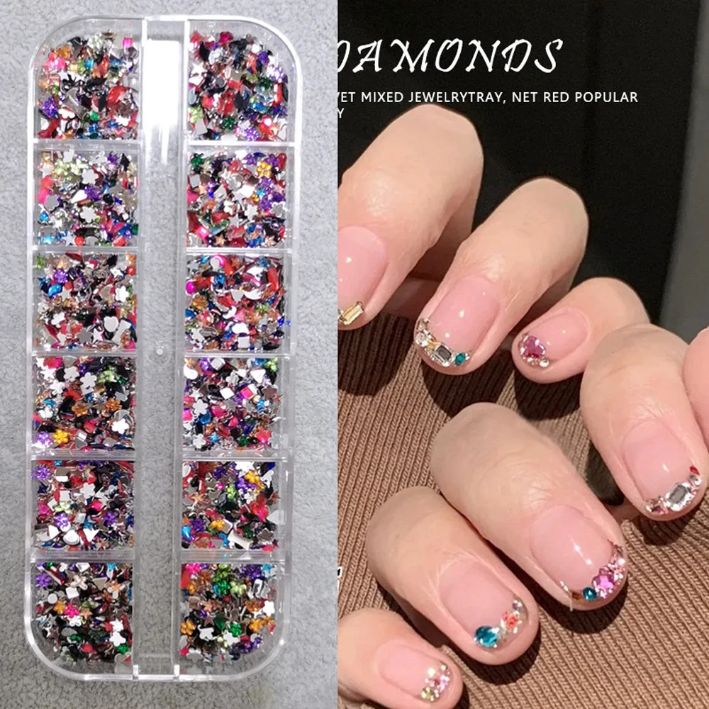 12 rejillas/caja Mini mezcla de diamantes de imitación coloridos para uñas 3D parte posterior plana corazón/flor/mariposa diamante para uñas DIY lindo pequeño cristal para manicura
