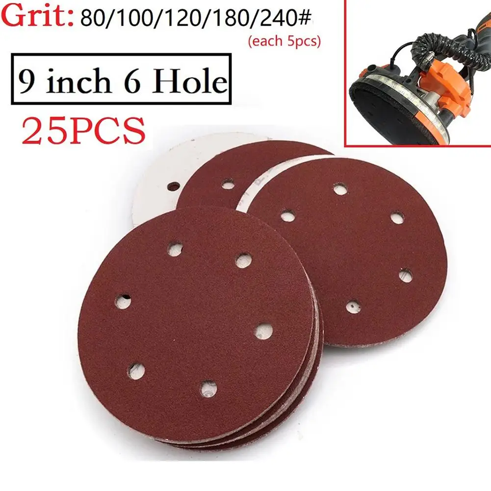 25PCS/Set 9 Inch 225mm Sanding Discs 6 Hole Hook Loop Sandpaper Sanding Paper 80-240grit Sanding Disc  Abrasive Polishing Tools