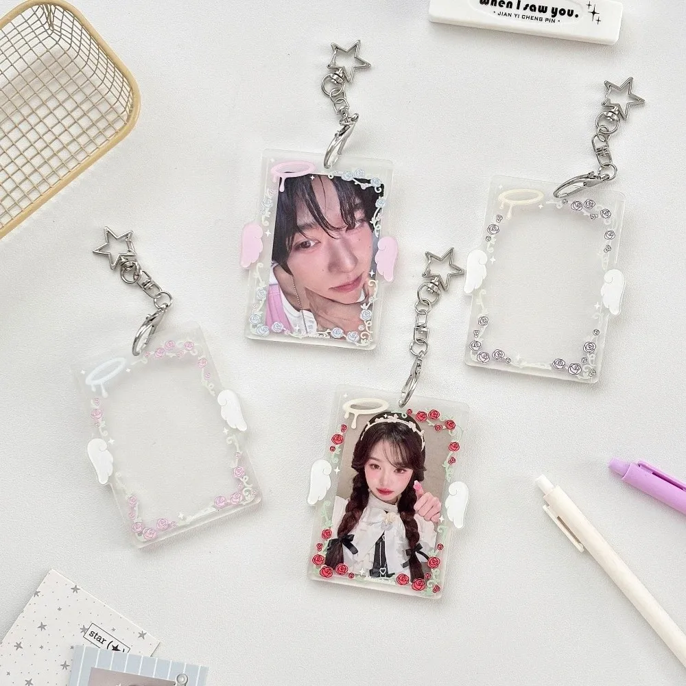 Rose Pattern Acrylic Card Holder Star Clip Clear Acrylic Keychain Charm Double Sided Display Scratch Resistant
