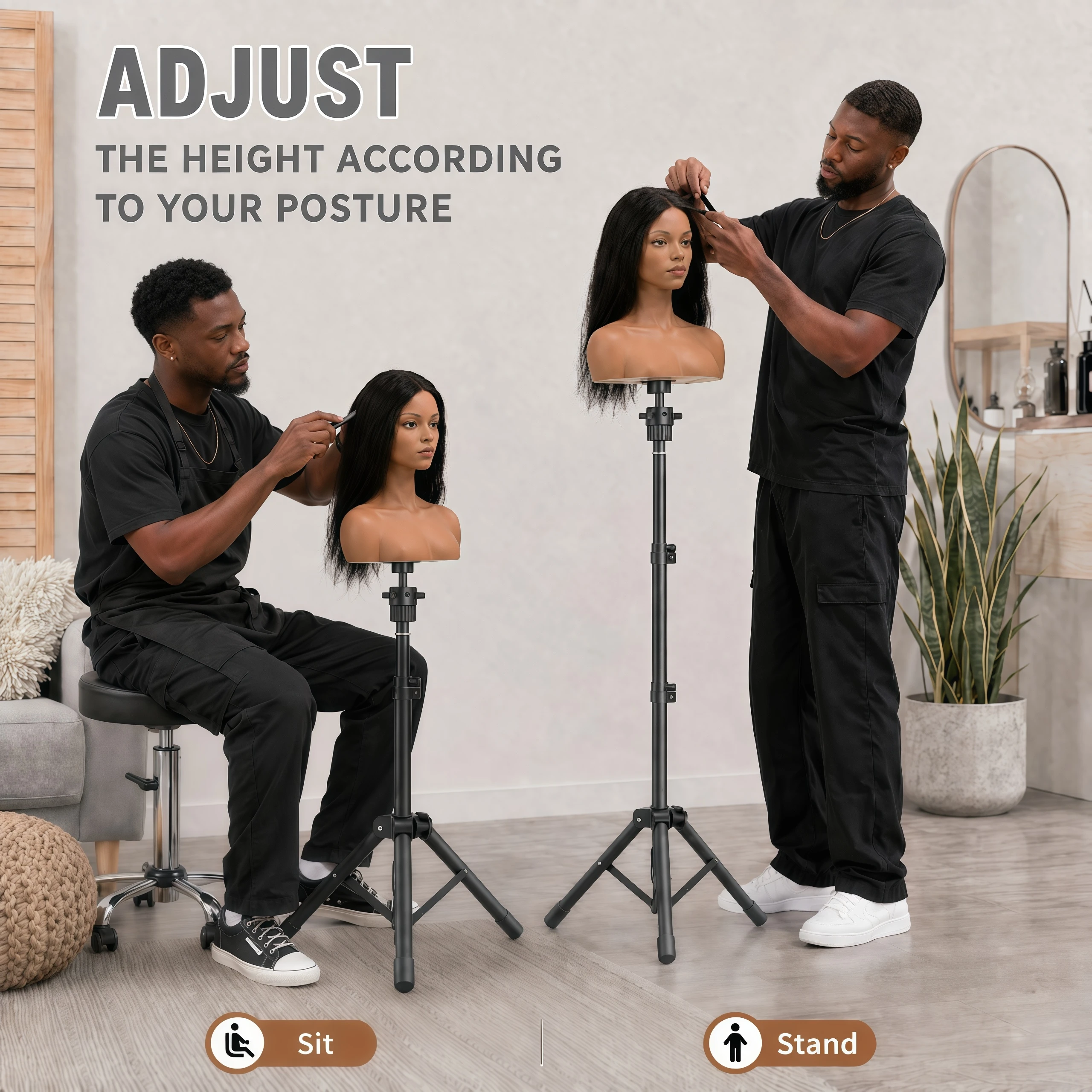 59 Inch Foldable Wig Stand Tripod, Adjustable Metal Mannequin Head Stand Without Mannequin Head, Heavy Duty Portable Wig Display Holder with Hair Nets, Hair Clips & Combs for Hairdressing Training, Salon & Home Hair Styling