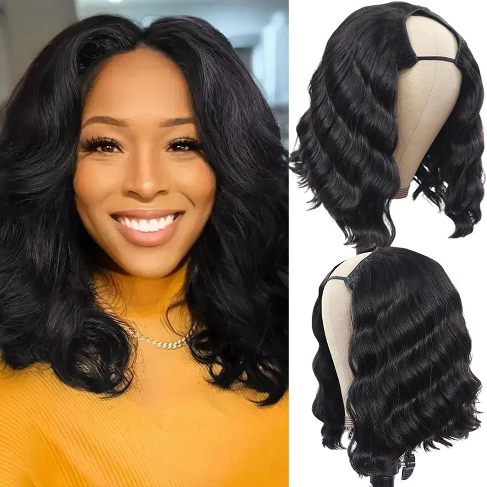 

250% U Part Wig Bob Body Wave Human Hair Wigs 8-16" For Women Brazilian Virgin Hair Natural Color Machine Made U Shape Wigs