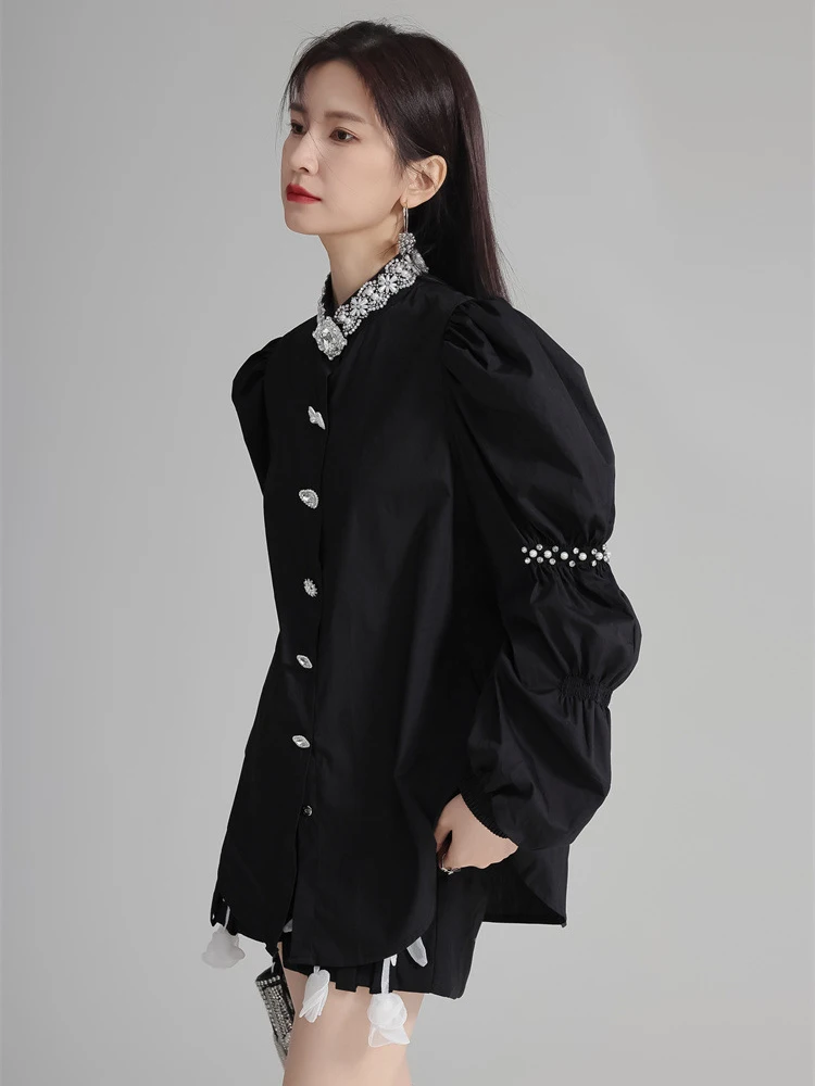 [EAM] Women White Rhinestones Vintage Blouse New Stand Collar Long Puff Sleeve Shirt Fashion Tide Spring Autumn 2024 1DH4181