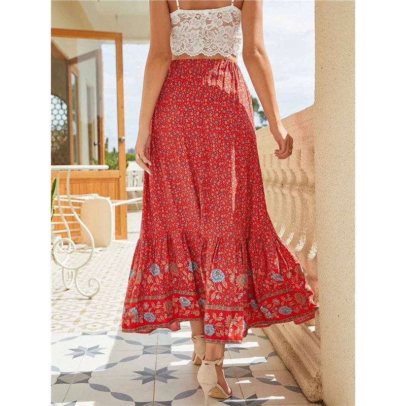 CYL-Maxi Spódnice Damskie Lato 2025 Boho Długie, Zwiewne, Kwiatowe, Elastyczne, z Wysokim Stanem, z Rozcięciem z Przodu, Codzienna Spódnica Podróżna