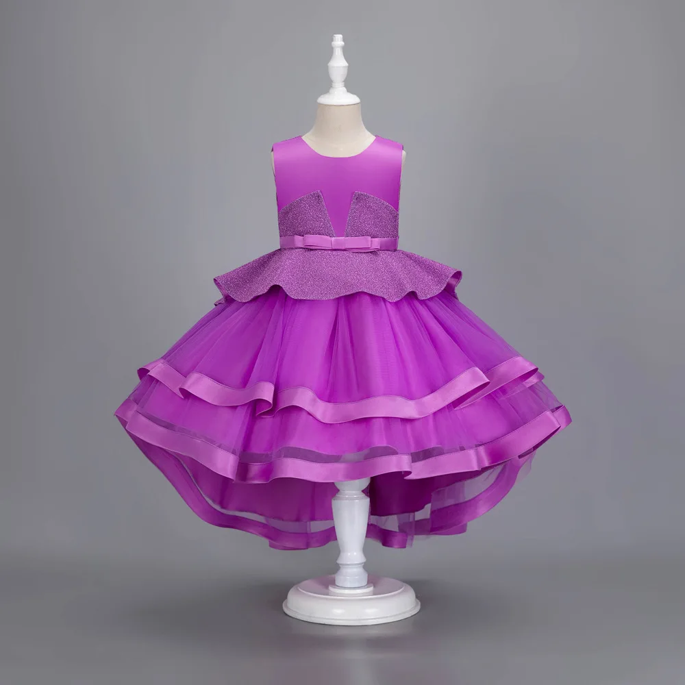 

Kid Sleeveless Glitter Embellished Dress Bow Waistband Layered Tulle Children Skirt Satin Ribbon Trim Asymmetric Hem Girl Gown