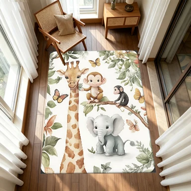 Watercolor Style Jungle Monkey Elephant Giraffe Carpet Tropical Leaves Butterfly Carpet Floor Non-Slip Mat Suitable for Kidsren's Room Bedroom