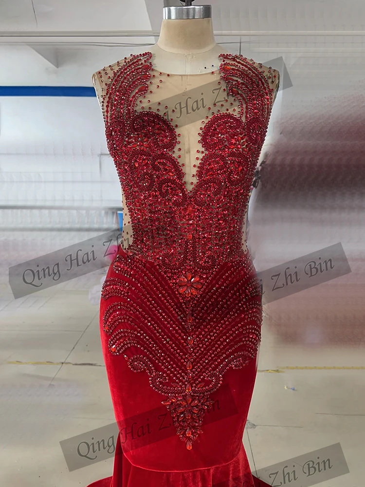 Fashion Red V-Neck Trumpet / Mermaid Sleeveless Floor-Length Evening Dresses/Women Wedding Guests Prom Gowns Free Shipping