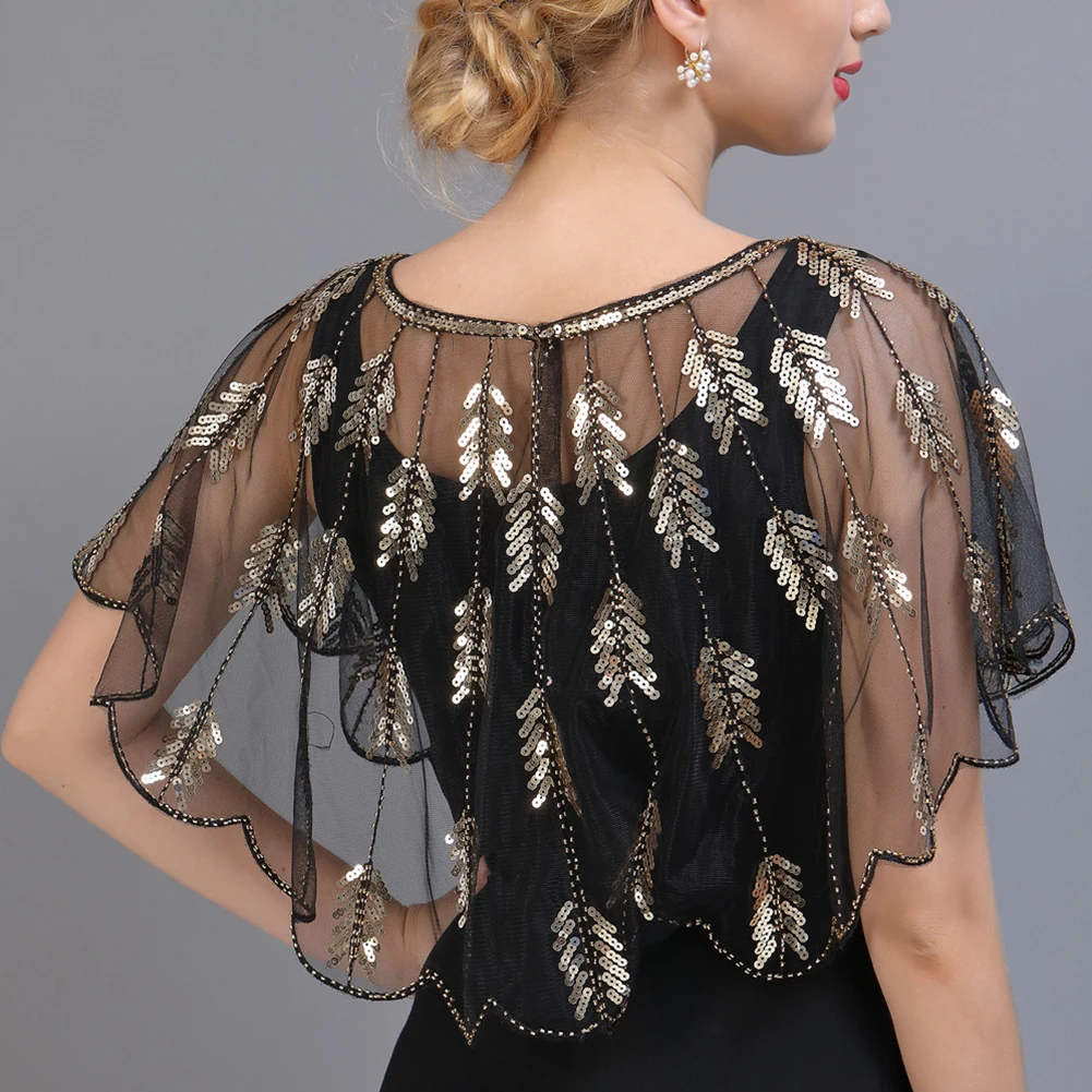 Chal Retro de malla transparente para mujer, chal bordado con cuentas y lentejuelas, Bolero de hoja transparente para fiesta y boda, novedad de los