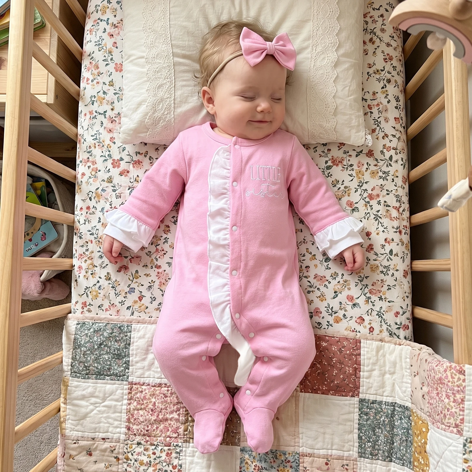 Baby Girl Footies Letter Embroidery Crew Neck Fall Romper and Headband