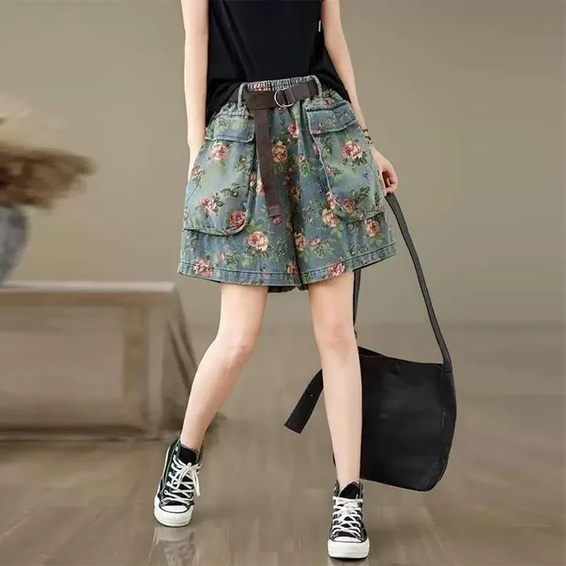 

Women's Floral Print Cargo Denim Shorts High Waist Baggy Casual Shorts with Belt