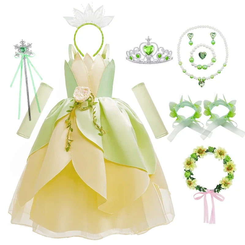 Kid 2024 Tiana dress frog girls Princess cosplay Halloween elf costume party infant Green off shoulder ball gown Tiana