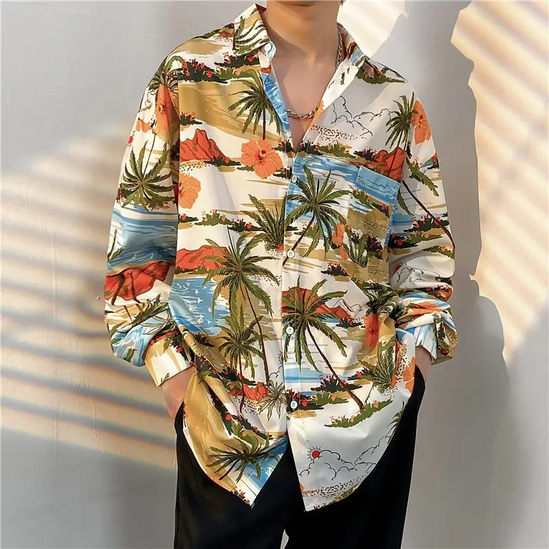 

Men's Long Sve irt Draped Loose Fit Autumn Faion Casual Haome Sle Stand Edition Polyester Fiber Non-Iron Treat...