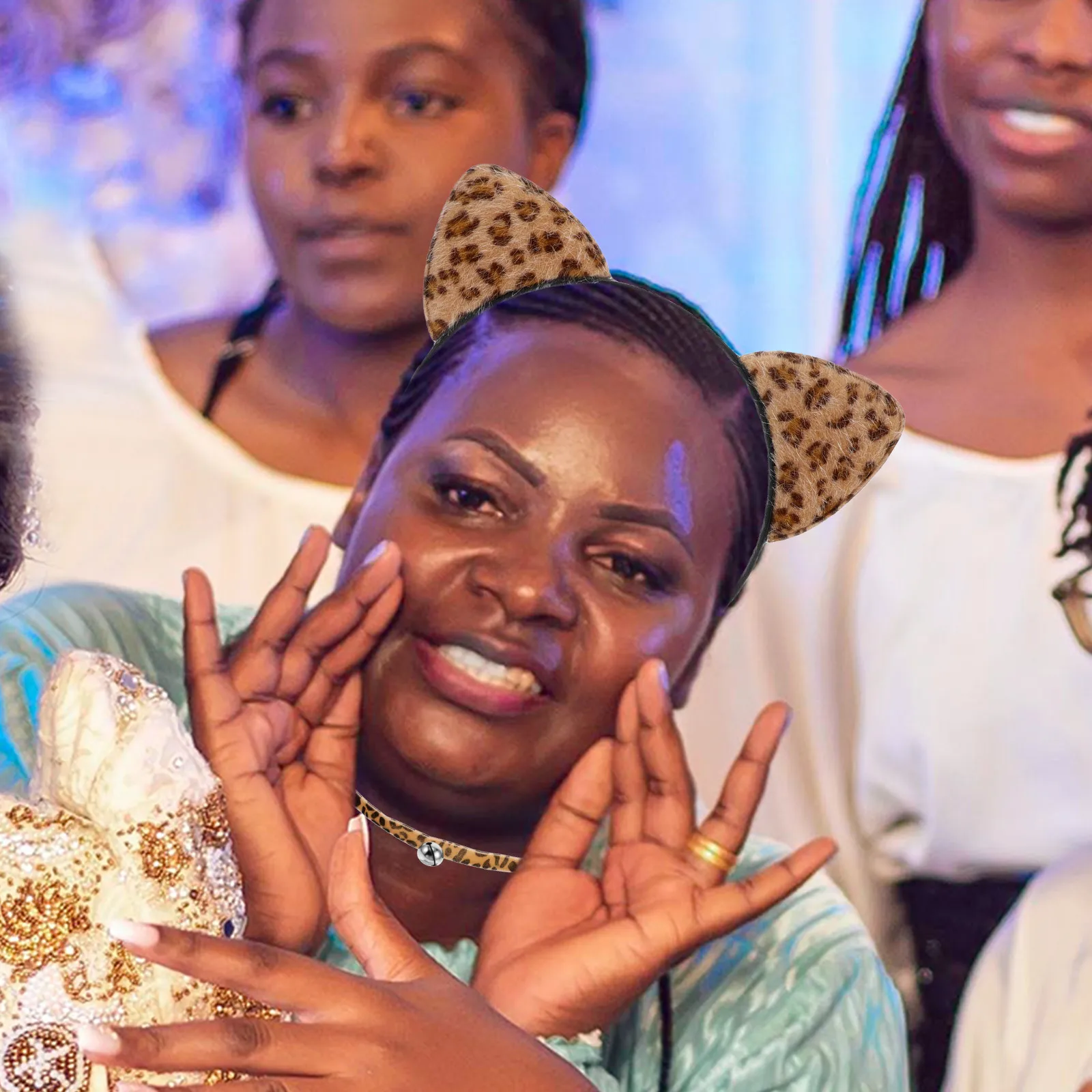 1세트 레오파드 고양이 귀 머리띠와 벨 초커 목걸이 파티 코스튬 액세서리 코스프레 헤어 후프 파티 드레스업 머리띠