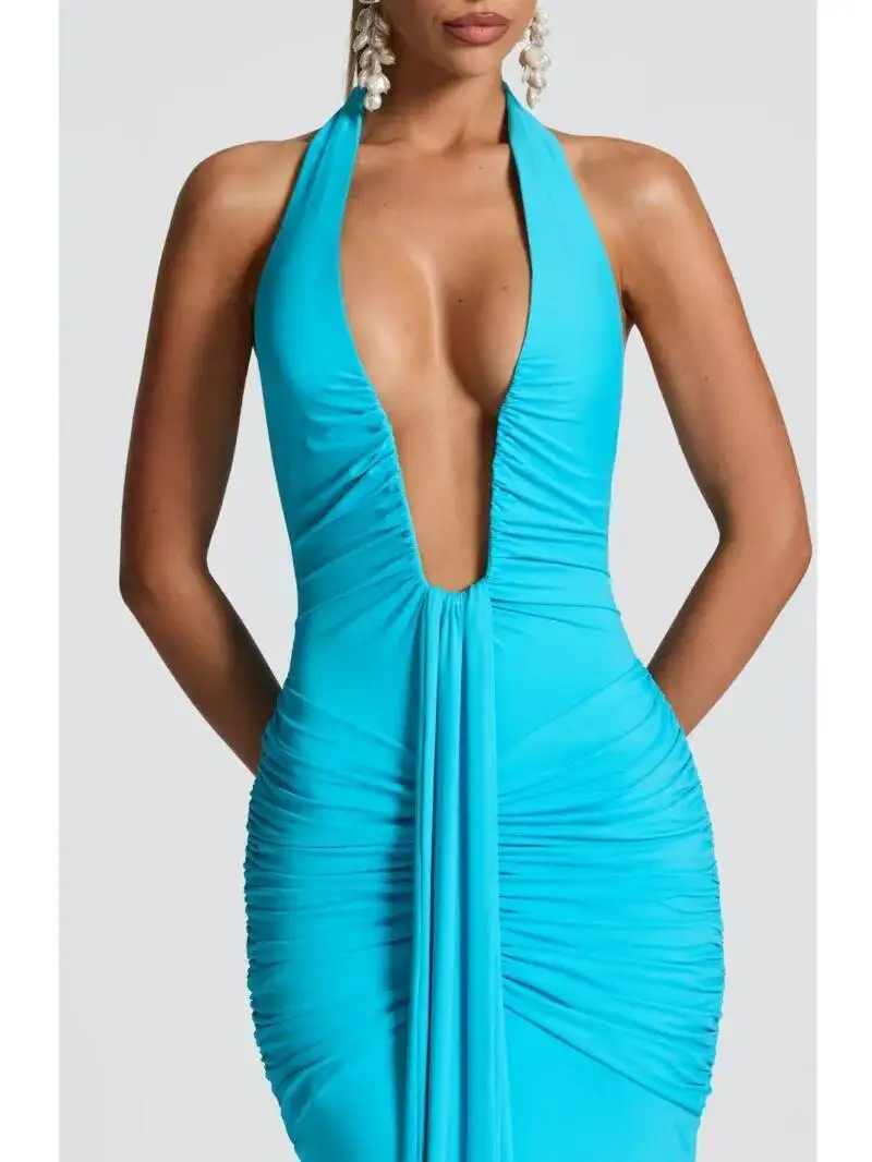 깊은 V넥 드레이프 주름 섹시 맥시 드레스 여성 여름 패션 홀터 슬리브리스 백리스 클럽 파티 롱 드레스 우아한 BM98