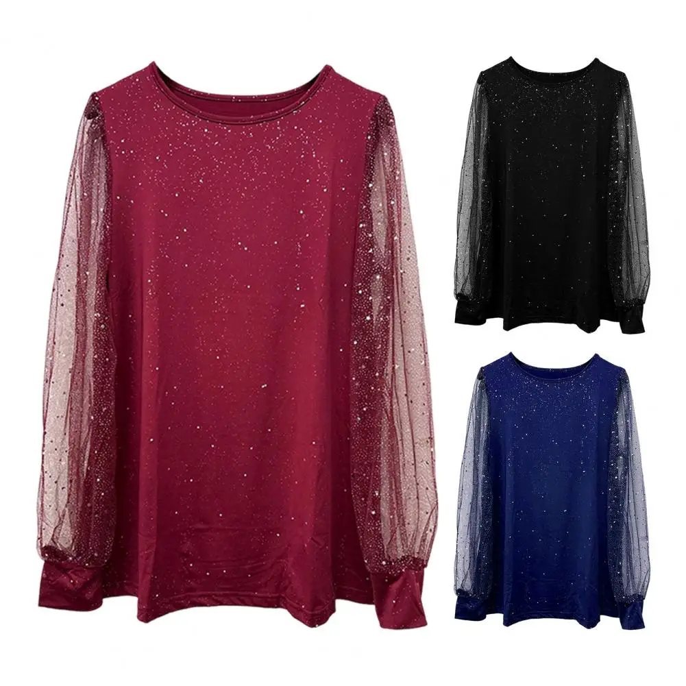 

Women T-shirt Round Neck See-through Glitter Long Sleeve Tops Solid Color Loose Fit Casual Tops Daily Wear