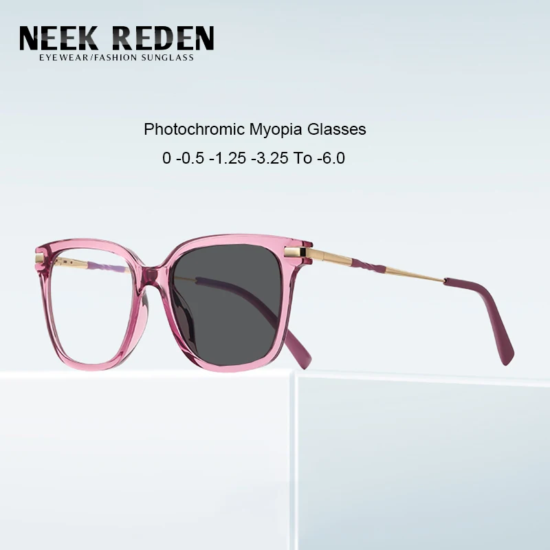 

Retro Pink Frame Photochromic Nearsighted Glasses Women Fashion Spring Hinge Square Myopia Eyeglasses Diopter 0 -1.25 To -6.0