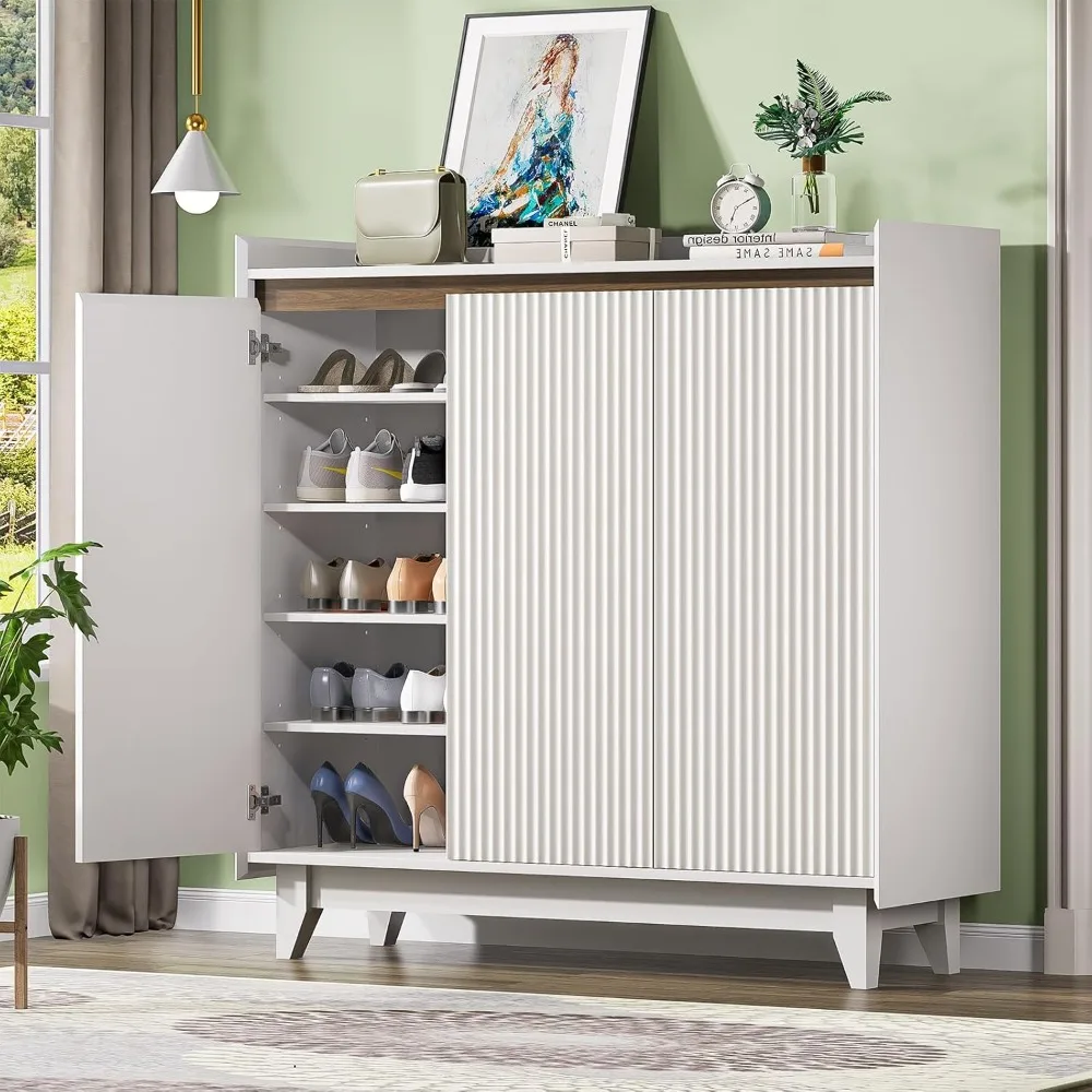 

"three-door wave-fluted shoe storage cabinet with adjustable 6-tier shelves, standing at 43.7 inches tall"