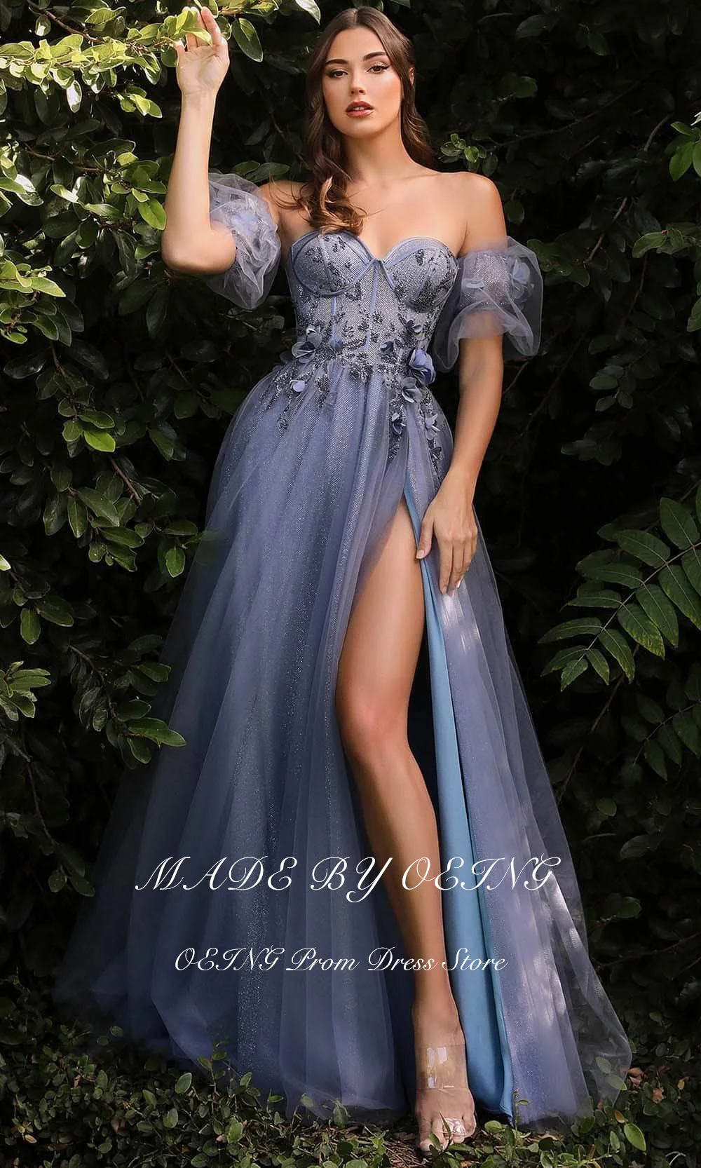 OEING Sweetheart A Line Prom Dresses Fairy 3D Flower Sexy High Slit Evening Gowns Graduation Long Wedding Party Dress Gala