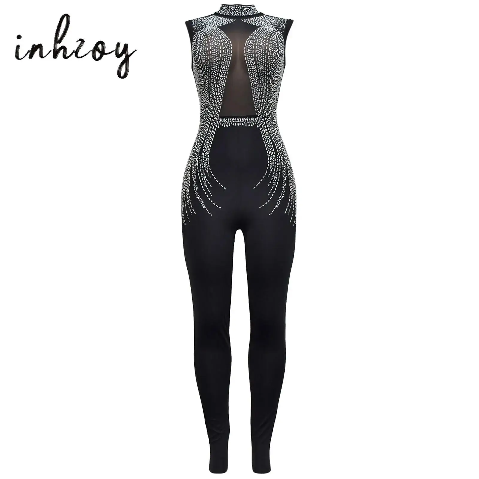 

Womens Acrobatic Gymnastics Jumpsuit Shiny Rhinestones Sheer Mesh Patchwork Sleeveless Slim Figure Ice Skating Dance Bodysuit
