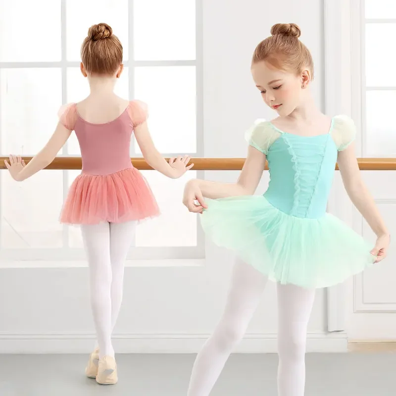 

2025 Vestido de tutú de Ballet para niñas, vestido de baile de manga corta abombada, falda de Ballet para niños pequeños