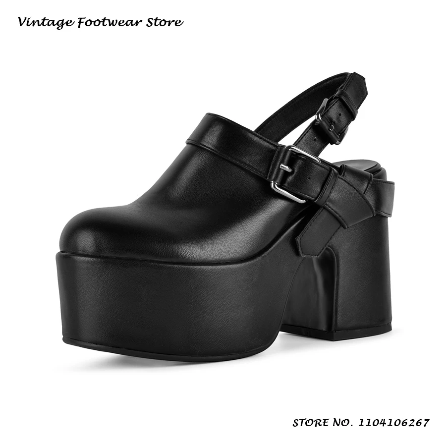 Platform Buckles Slingback Pumps Solid Round Toe Block Heels Plus Size Causal Shoes Women's Summer Fashion Thick Sole High Heels