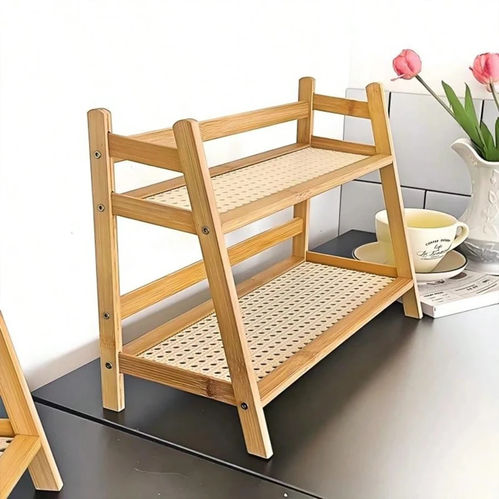 2-Tier Bamboo Storage Rack with Rattan Shelf, Natural Wood Desktop Organizer for Kitchen Spice, Bathroom Cosmetics & Plants, Boho Home Decor