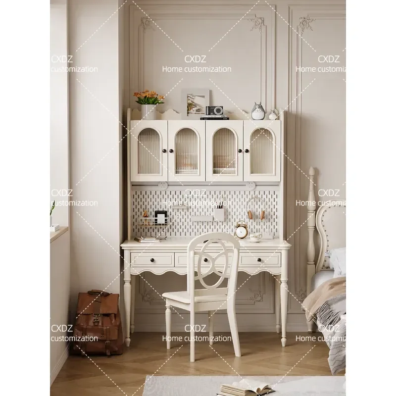 French White Cream Style Solid Wood Desk and Chair Set Home Office Study Bedroom Writing Table Computer Workstation Furniture
