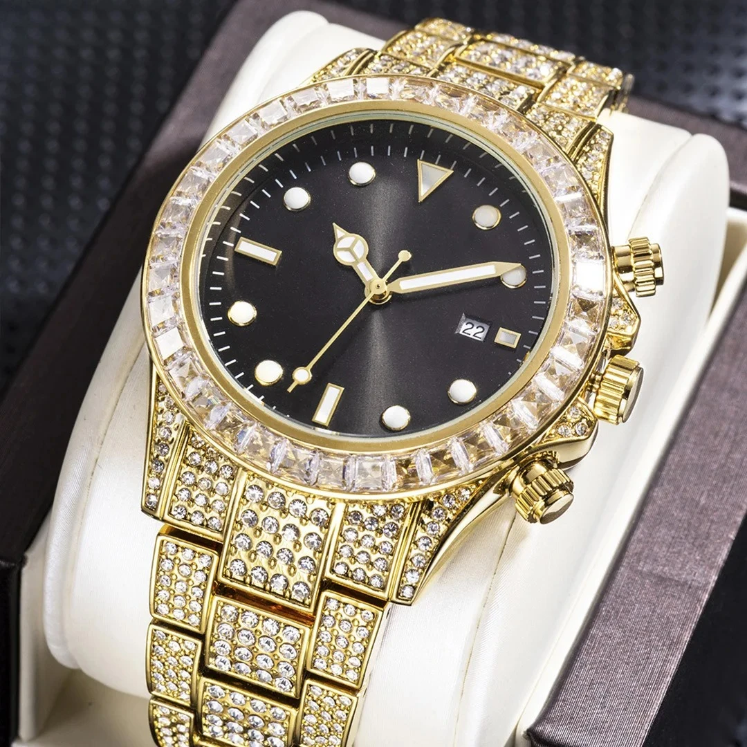 

Full Diamond Quartz Watch for Men Green Sunburst Dial Large Face Luminous Stainless Steel Fashion Casual Wristwatch