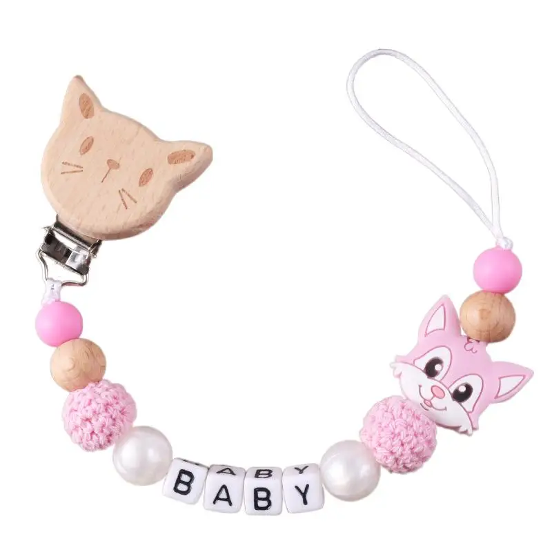 Novo personalizado bebê chupeta clipe de madeira de faia animal clipe nome personalizado mordedor chupeta anti-gota molar corrente brinquedo do bebê