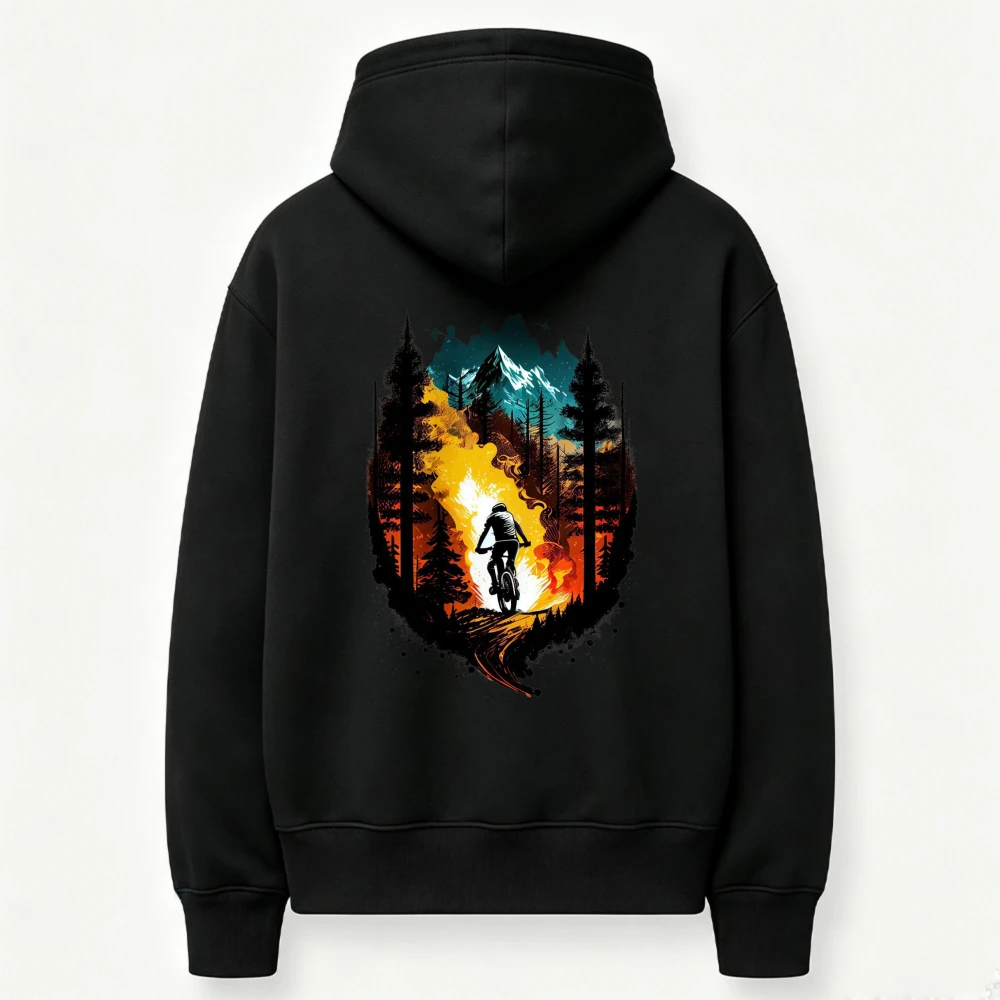 Mountain Biker Silhouette Pine Forest Snow Mountain Graphic Hoodie Watercolor Splatter MTB Cycling Nature Art Print Sweatshirt