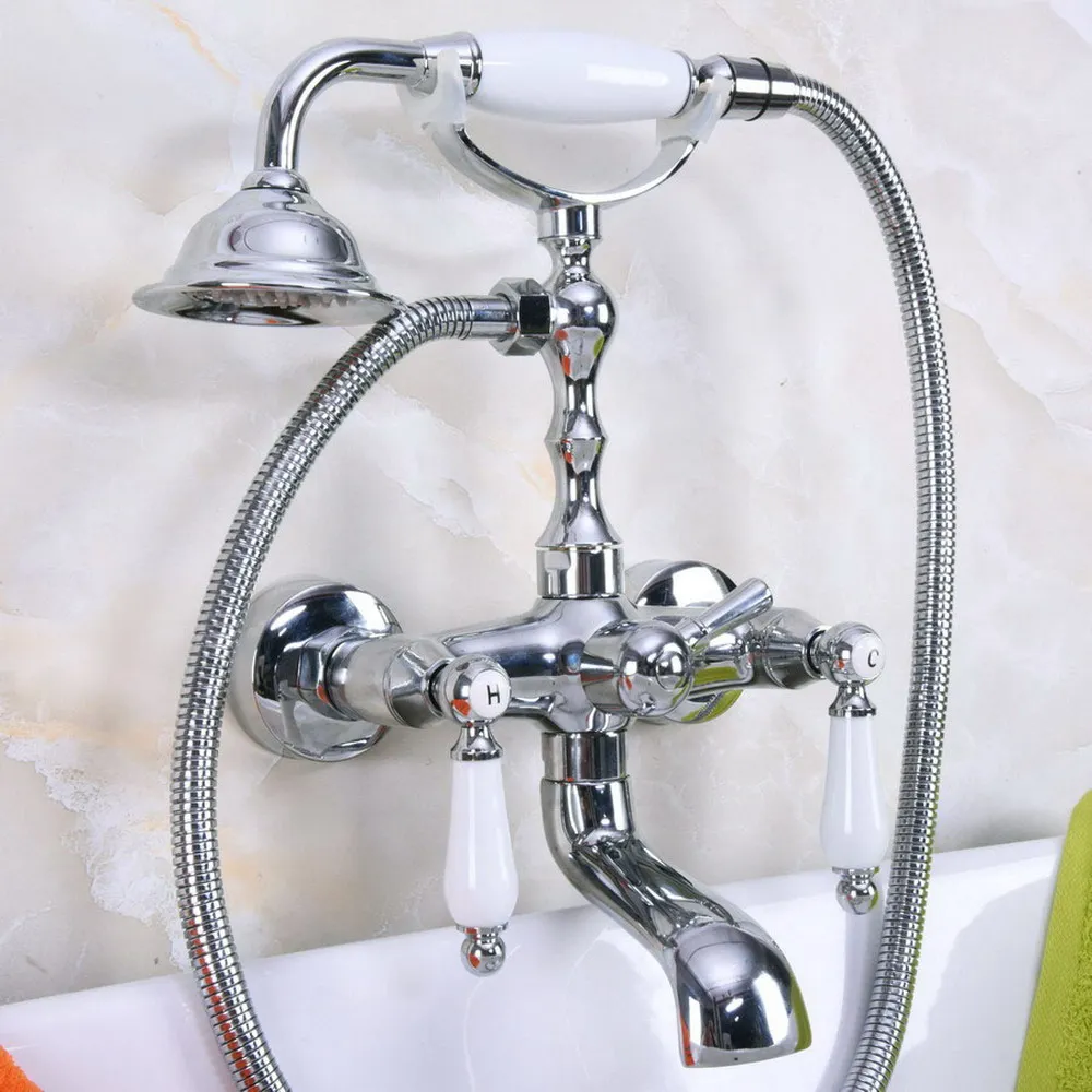 

Chrome Finish Bathtub Mixer Faucet Dual Handle Bath Shower Set with Hand Shower Swivel Tub Spout