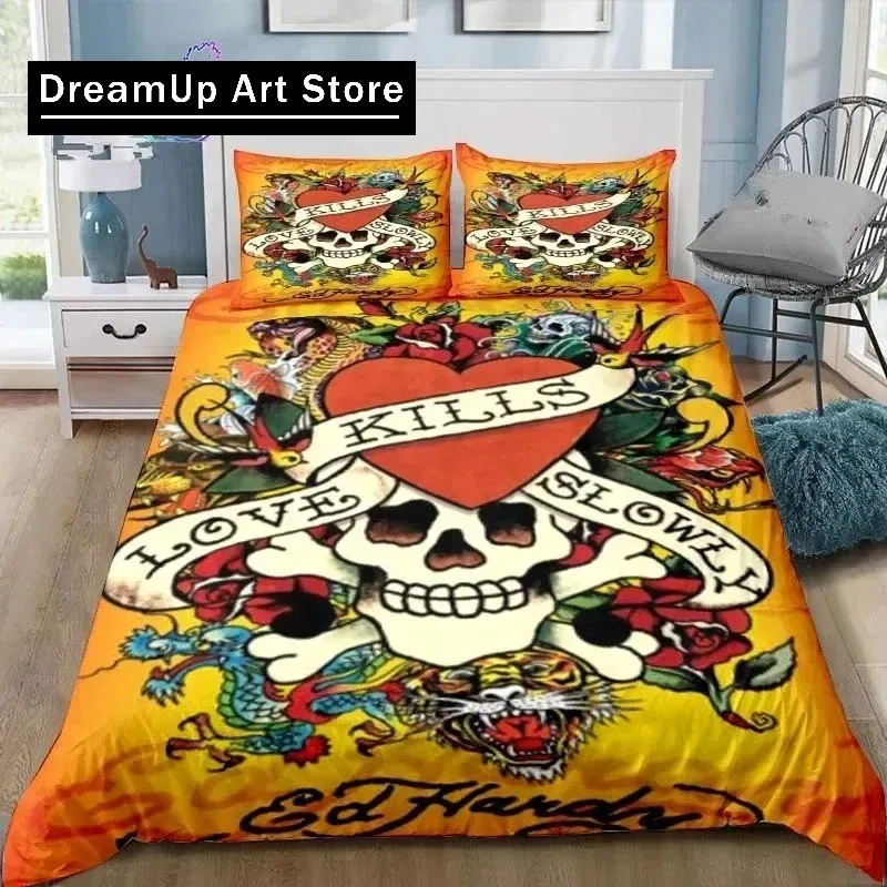 3D Print Ed-hardy Tattoo Tiger Skull Bedding Set Boys Girls Twin Queen King Size Duvet Cover Pillowcase Bed boys Adult Bedroom