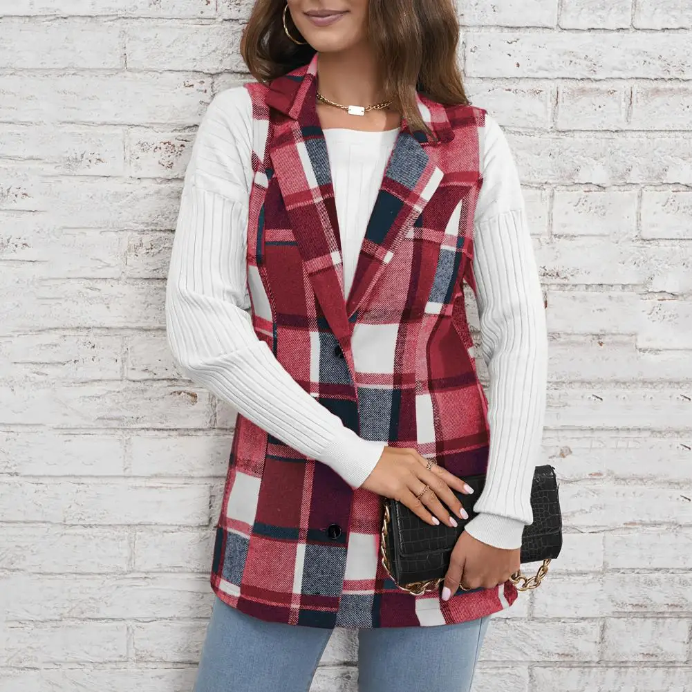 Lapel Vest Stylish Plaid Print Vest Coat for Women Retro Mid Length Waistcoat with Turn-down Collar Button Down Closure for Fall