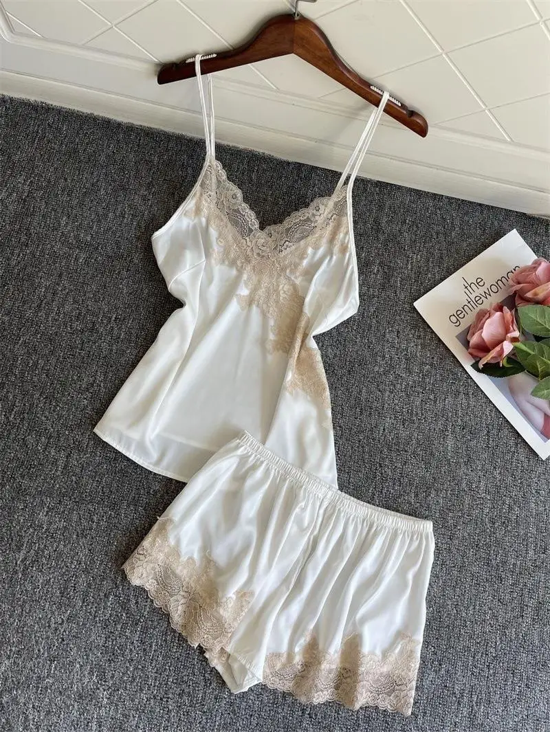 Two Pieces White Pajamas Sleep Set Summer Lace Sleepwear Lady Satin Nightgown Sexy V-Neck Women Camisole Suit Outfits Loungewear