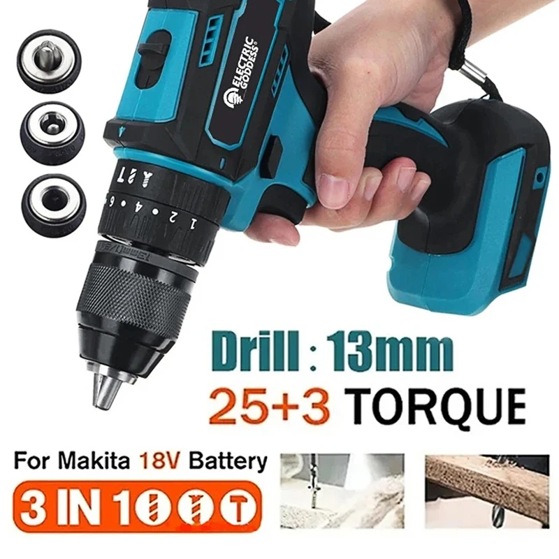 4000rpm 3 In 1 Electric Impact Drill 520N.m Torque 10mm Chuck Flat Drill Hammer Electric Screwdriver For Makita 18V Battery