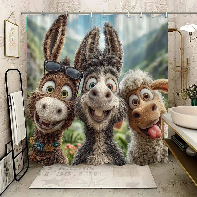 Funny Animal Family Shower Curtain Cute Hippo Donkey and Alpaca Bathroom Decor Novelty Shower Curtain