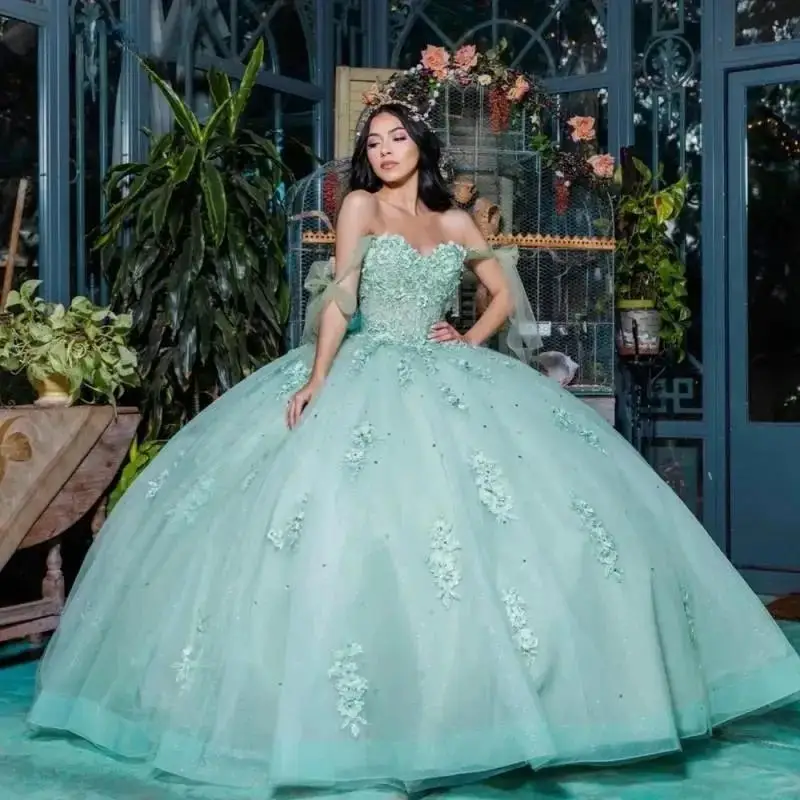 

Mint Green Glitter Quinceanera Dresses Ball Gown Off The Shoulder Lace Applique Beading Tull Corset Sweet 16 Dress Vestidos De