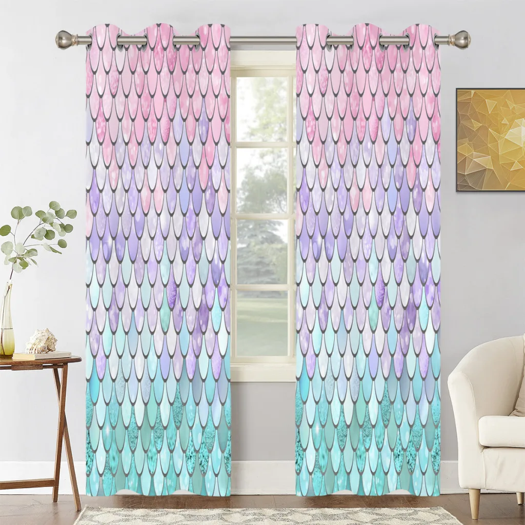 

Blue Pink Rainbow Pastel Mermaid Scales Shading Curtains for Living Room Decoration Window Curtain 2 PC