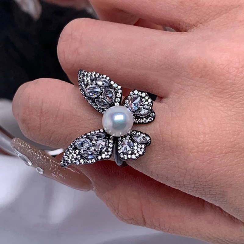 7-8mm Bright White Cool Shining Freshwater AK Pearl Ring S925 Sterling Silver Inlaid Color Zircon Butterfly Vintage Party Gift