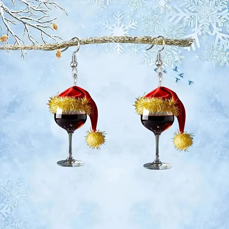 Christmas Hat Wine Glass Acrylic Earrings, Christmas Party Decorative Earrings, Festive Wine Glass Dangle Earrings
