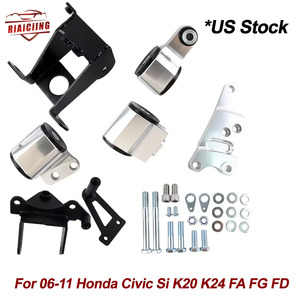 70A New Billet Engine Motor Mount Swap Kit For 06-11 Honda Civic Si K20 K24 FA FG FD Lightweight 6061-T6 Billet Aluminum