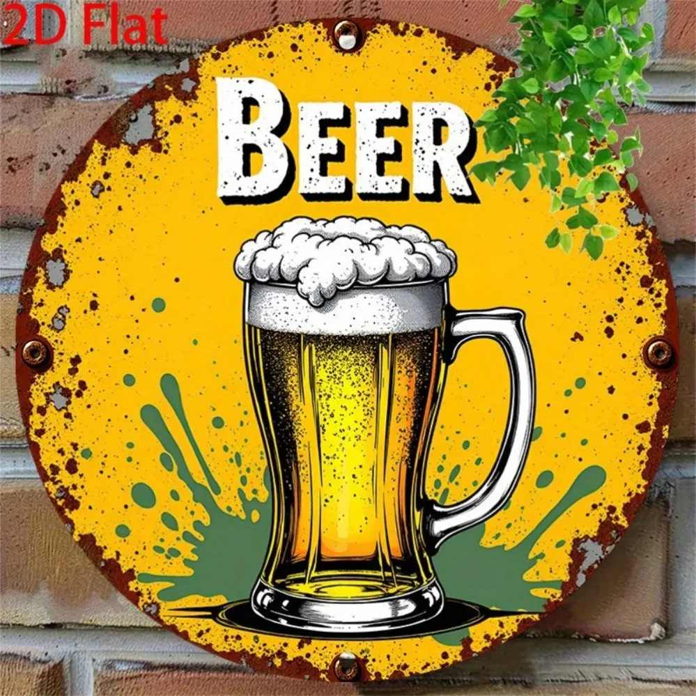 Aosom Vintage Metal Beer Sign Round Wall Art Retro Aluminum Decor with Foam Mug Splash