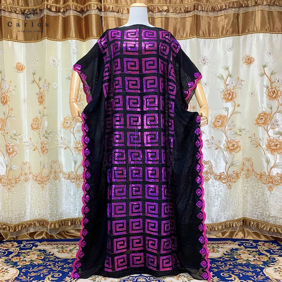 2022 New Arrival African Embroidery Flower Dresse With Scarf Big Size Women Muslim Sequin Embroidery Long Black Lady Clothes