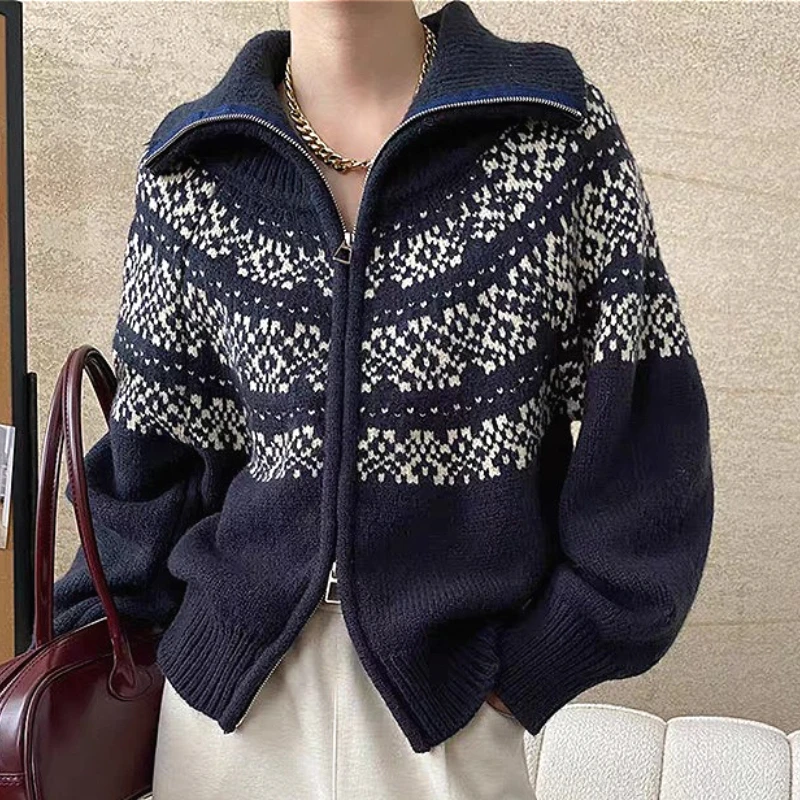 

Women Jacquard Cardigan Sweaters Knitted Jumpers Big Turn Down Collar Long Sleeves Zippper Thick Loose Y2k Casual 2025 Autumn