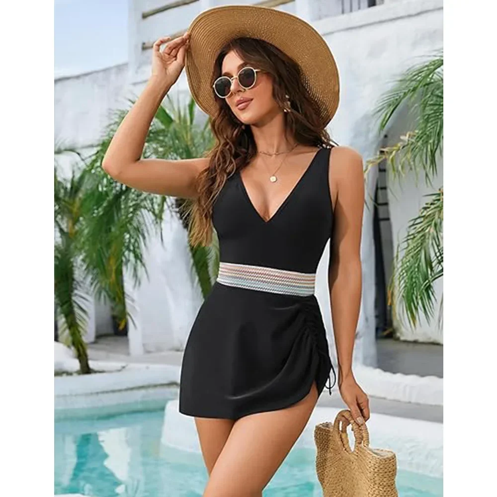 

New Summer Beach Swimsuit Women's Bikini Set Two Piece Sexy Swimwear Black Solid Color Lace Up Bow Beach Dress